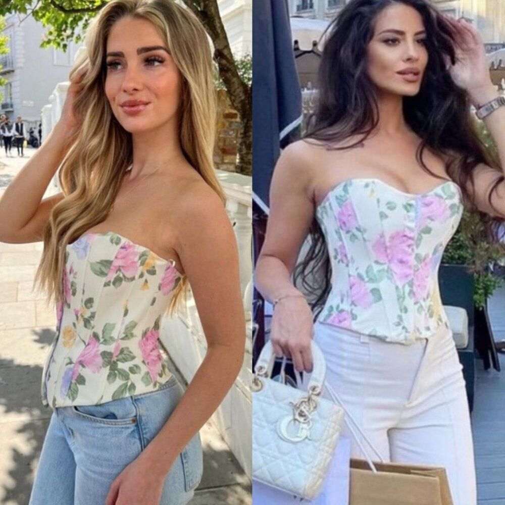 Zara Floral Strapless Corset Top in Ivory with Pink & Green